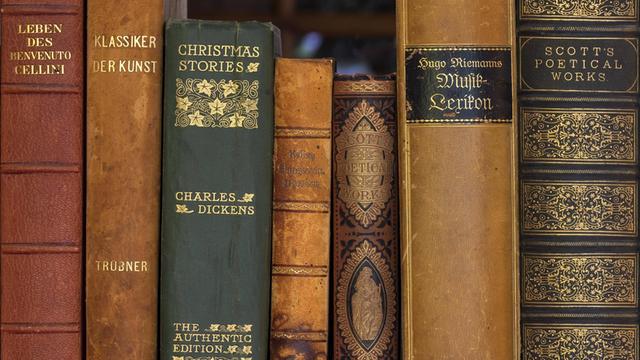 Sieben in Leder gebundene Buchrücken alter Klassiker wie Charles Dickens "Christmas Stories" in einem Regal stehend in Nahaufnahme.