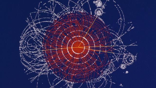 Die Illustration zeigt den Zerfall eines fiktiven Higgs-Boson. Dem Nachweis des lange gesuchten Higgs-Teilchen sind Physiker des weltgrößten Teilchenbeschleunigers LHC einen wichtigen Schritt nähergekommen. Das mögliche «Versteck» des Elementarteilchens sei weiter eingeschränkt worden, berichteten Forscher der beiden großen Detektoren ATLAS und CMS am Dienstag beim Europäischen Teilchenforschungszentrum Cern nahe Genf.