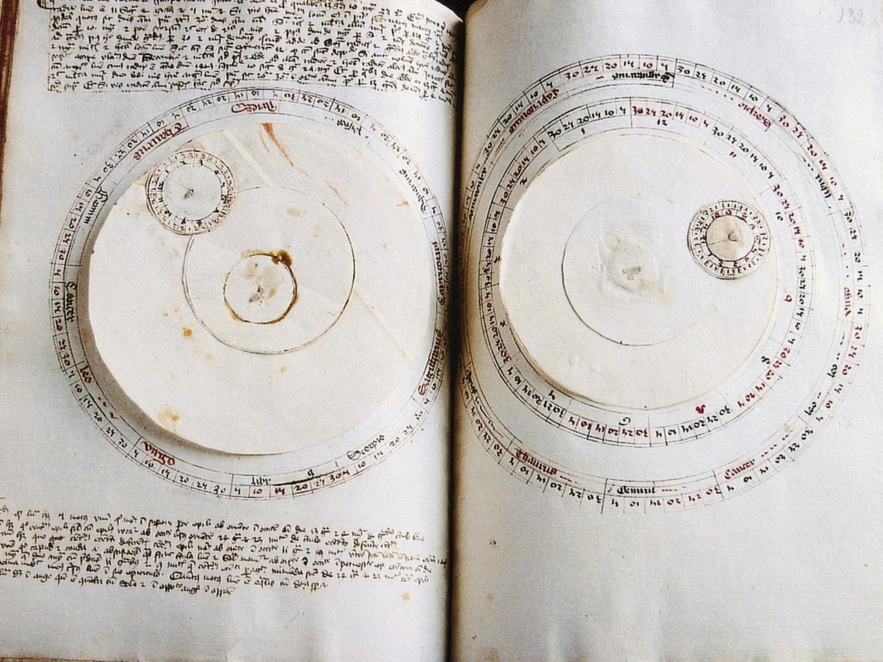 Zwei Seiten aus einem astronomischen Werk aus dem Besitz von Nikolaus von Kues (1401-1464) mit beweglichen Drehscheiben zur Berechnung des Laufs der Gestirne. Zwei Seiten aus einem astronomischen Werk aus dem Besitz von Nikolaus von Kues (1401-1464) mit beweglichen Drehscheiben zur Berechnung des Laufs der Gestirne.