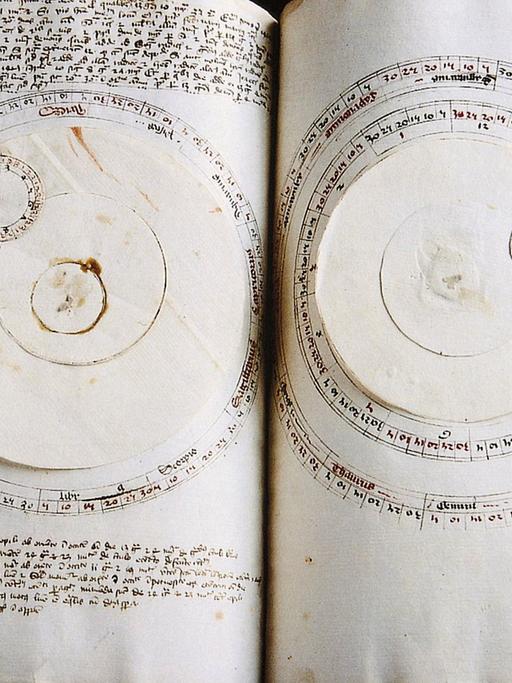 Zwei Seiten aus einem astronomischen Werk aus dem Besitz von Nikolaus von Kues (1401-1464) mit beweglichen Drehscheiben zur Berechnung des Laufs der Gestirne.