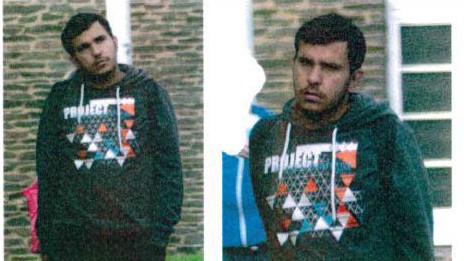 Zwei Fahndungsfotos des gesuchten Syrers, der im Zusammenhang mit Anschlagsplänen in Chemnitz gesucht wird. Er trägt einen schwarzen Kapuzenpullover mit einem auffälligen, bunten Aufdruck.