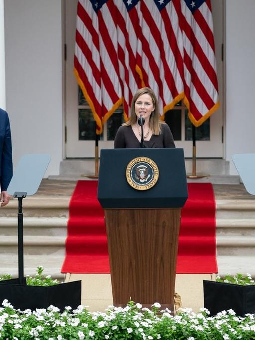Sep 26, 2020 - Washington, District of Columbia, U.S. - US President DONALD J. TRUMP arrives with Judge AMY CONEY BARRETT, right, as his nominee to be an Associate Justice of the Supreme Court, during a ceremony in the Rose Garden of the White House. Judge Barrett, if confirmed, will replace the late Justice Ruth Bader Ginsburg. (Credit Image: © Shealah Craighead/White House/ZUMA Wire/ZUMAPRESS.com |