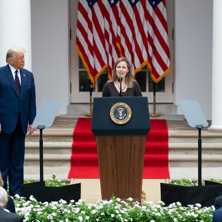 Sep 26, 2020 - Washington, District of Columbia, U.S. - US President DONALD J. TRUMP arrives with Judge AMY CONEY BARRETT, right, as his nominee to be an Associate Justice of the Supreme Court, during a ceremony in the Rose Garden of the White House. Judge Barrett, if confirmed, will replace the late Justice Ruth Bader Ginsburg. (Credit Image: © Shealah Craighead/White House/ZUMA Wire/ZUMAPRESS.com |