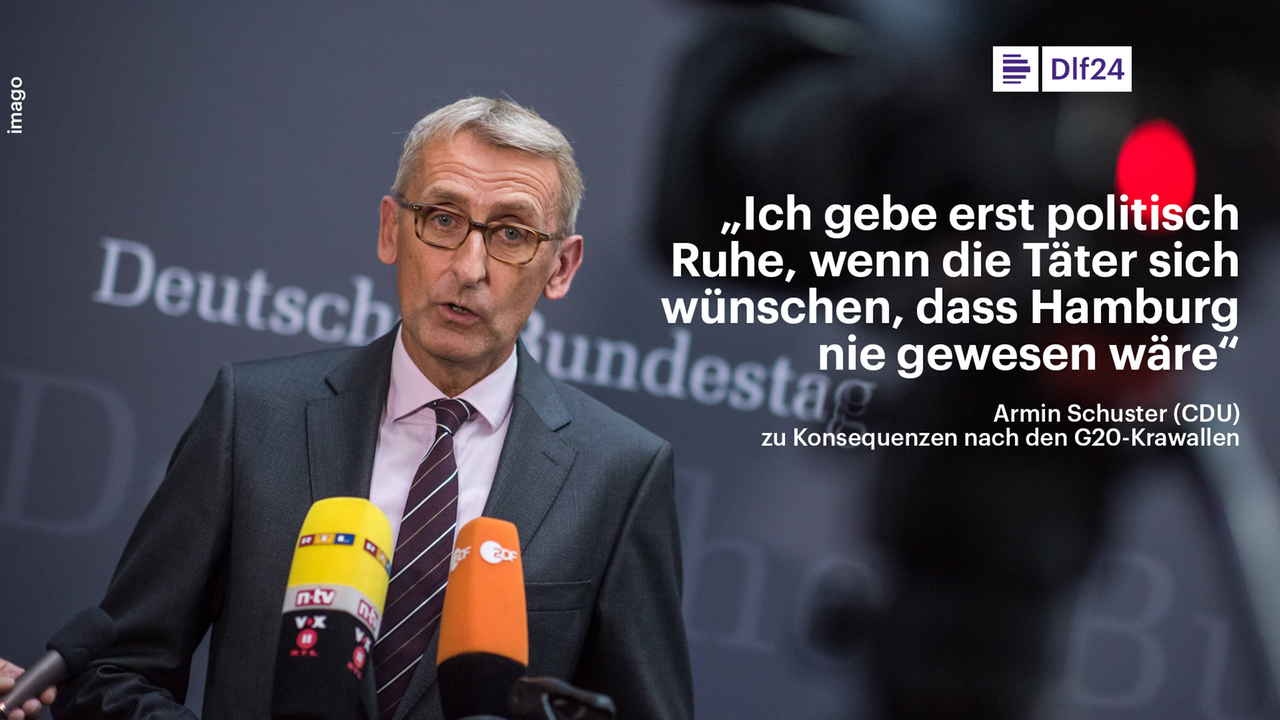 Der CDU-Politiker Schuster spricht in eine Kamera, daneben ein Zitat von Schuster als Text: "Ich gebe erst politisch Ruhe, wenn die Täter sich wünschen, dass Hamburg nie gewesen wäre"