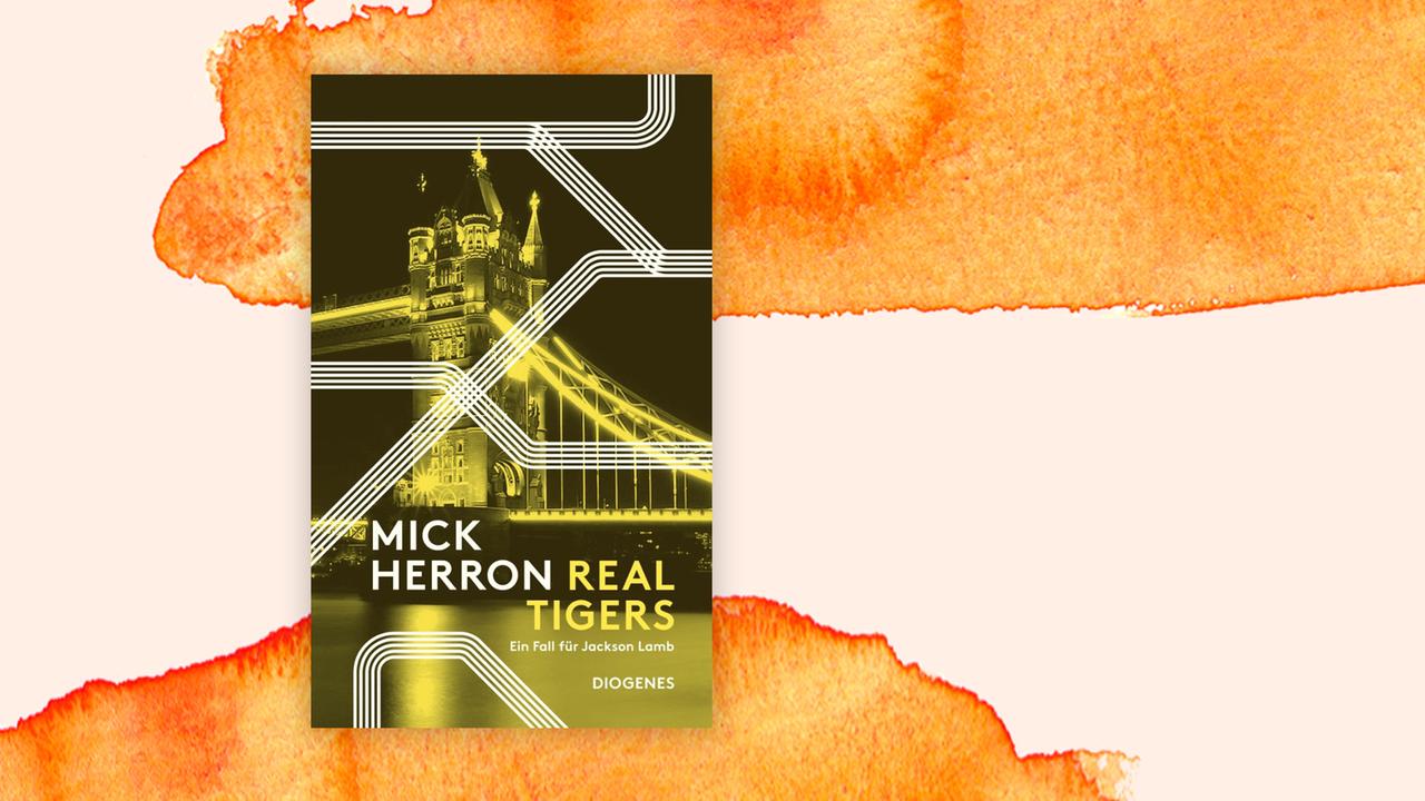 Das Cover von Mick Herrons Buch "Real Tiger" auf orange-weißem Hintergrund.