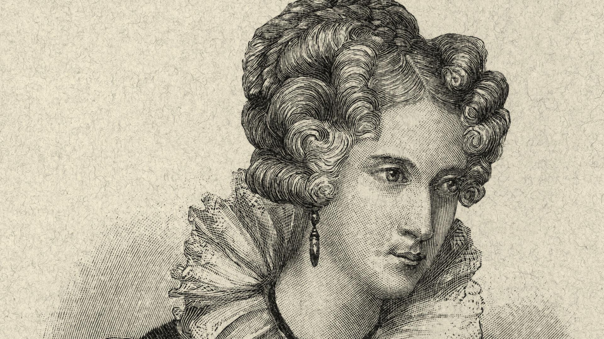 Annette Droste-Hülshoff, geboren am 10.1.1797 und gestorben am 24.5.1848 in Meersburg 24.5.1848; Holzstichfaksimile von 1897 nach einer Miniatur von ihrer Schwester Jenny Annette Droste-Hülshoff, geboren am 10.1.1797 und gestorben am 24.5.1848 in Meersburg 24.5.1848; Holzstichfaksimile von 1897 nach einer Miniatur von ihrer Schwester Jenny