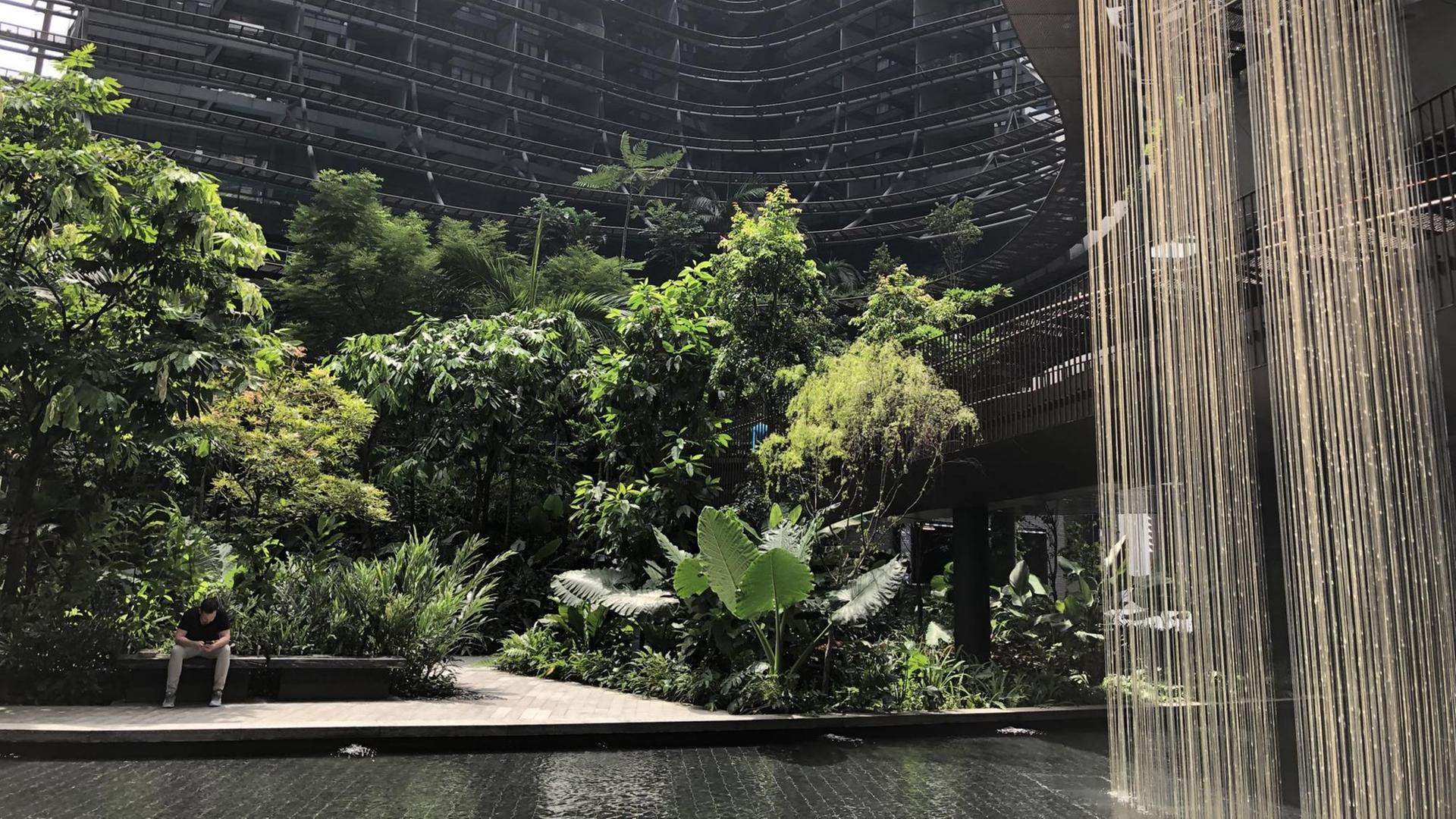 Im Garten sitzt ein Mann und liest, Wasserspiele im Vordergrund Im Garten sitzt ein Mann und liest, Wasserspiele im Vordergrund