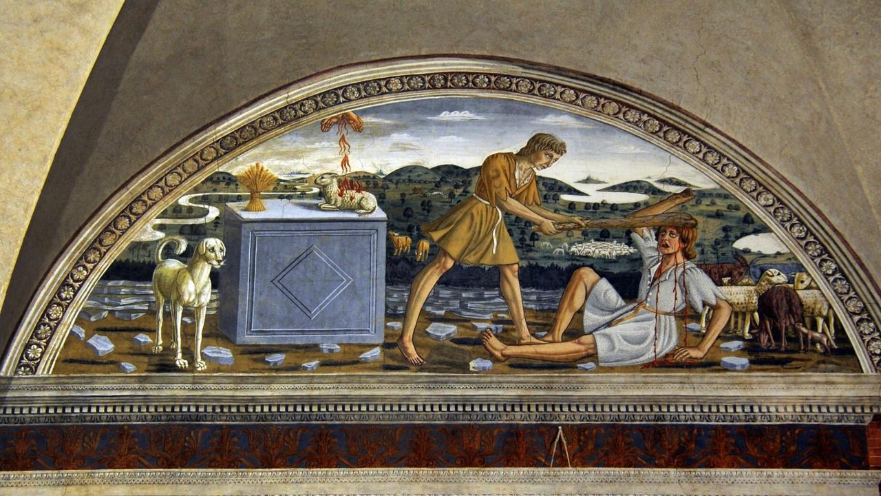 Italien, Tavarnelle, 19.08.2016 Die Abtei Badia a Passignano, einst vom Benediktinerorden gegründet. Fresco, das die Ermordung Abels durch Kain darstellt.