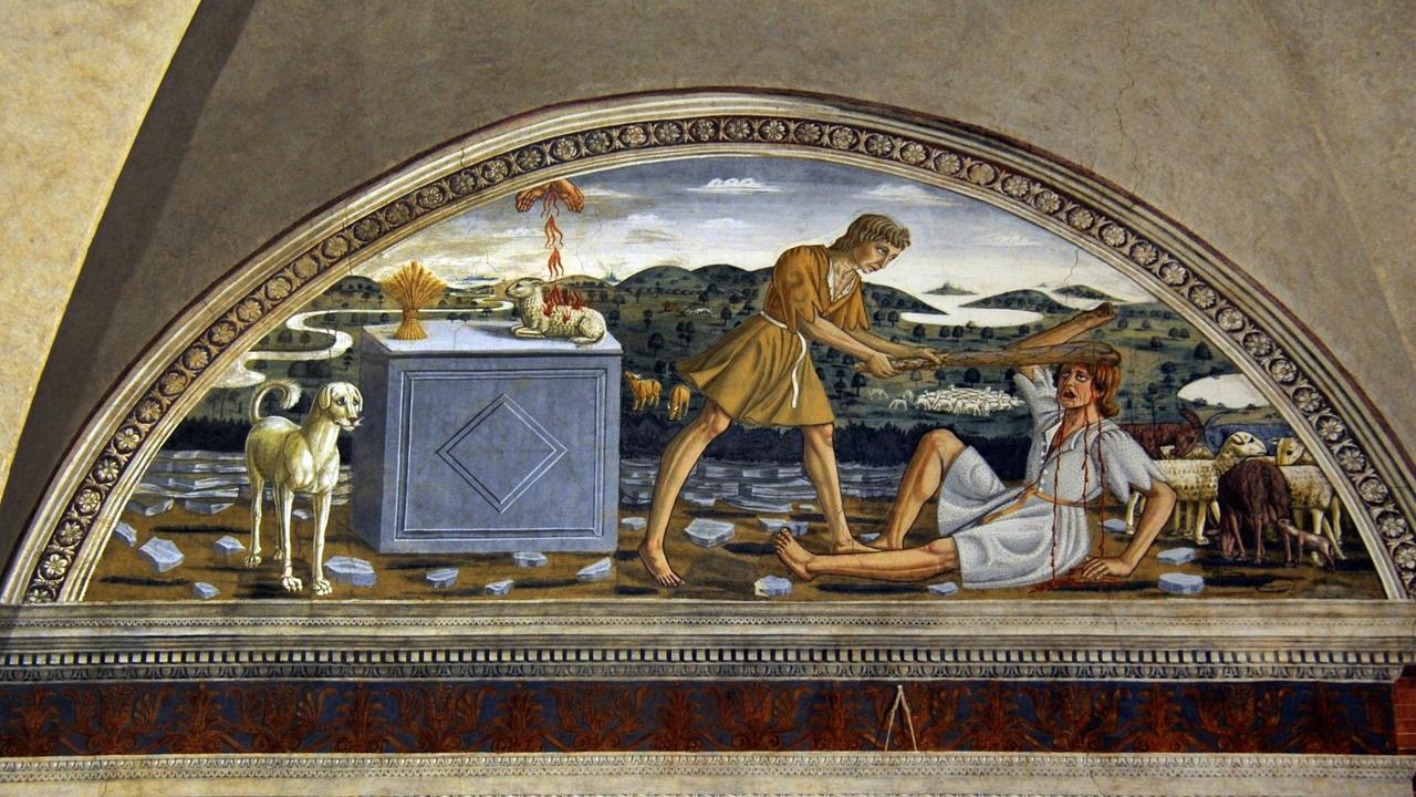 Italien, Tavarnelle, 19.08.2016 Die Abtei Badia a Passignano, einst vom Benediktinerorden gegründet. Fresco, das die Ermordung Abels durch Kain darstellt. Italien, Tavarnelle, 19.08.2016 Die Abtei Badia a Passignano, einst vom Benediktinerorden gegründet. Fresco, das die Ermordung Abels durch Kain darstellt.