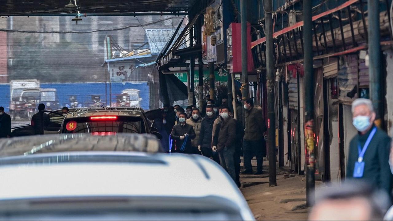 Das internationale Forscherteam wurde mit Autos in den Markt im chinesischen Wuhan gefahren und streng abgeschirmt. Das internationale Forscherteam wurde mit Autos in den Markt im chinesischen Wuhan gefahren und streng abgeschirmt.