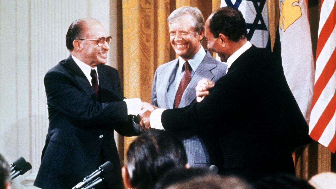 Israelisch-ägyptische Friedensverhandlungen in Camp David: Menachem Begin, Anwar as Sadat und Jimmy Carter Israelisch-ägyptische Friedensverhandlungen in Camp David: Menachem Begin, Anwar as Sadat und Jimmy Carter