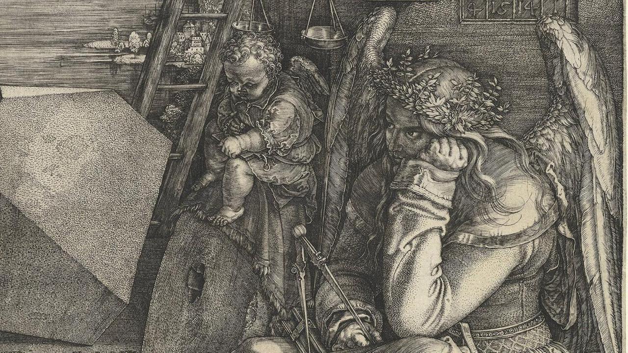 Zu sehen ist ein Ausschntt von Albrecht Dürers Bild "Melancolia". Das Bild zeigt einen Engel, der trotzig auf dem Boden sitzt. Im Hintergrund befindet sich ein zweiter kleinerer Engel.
