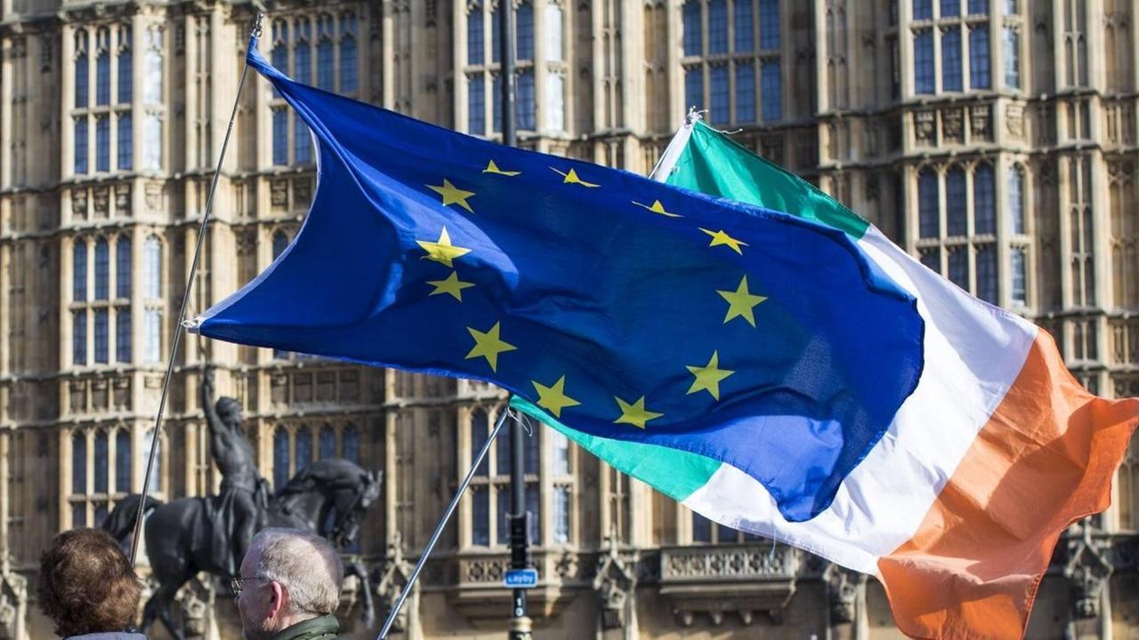Anti-Brexit-Protestanten halten eine europäische und eine irische Flagge.