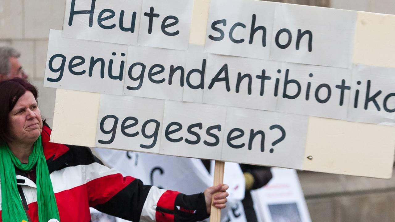 Mit Plakaten gegen Massentierhaltung und Tierquälerei demonstrieren Vertreter mehrerer Bürgerinitiativen am Freitag (25.11.2011) in Hannover am niedersächsischen Landwirtschaftsministerium.