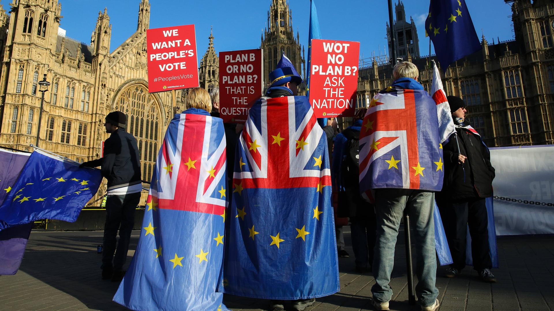Eine Handvoll Anti-Brexit-Demonstranten steht vor dem britischen Parlament in London. Sie haben sich Flaggen umgehängt, die sowohl die britische als auch die europäische Flagge zeigen. Sie halten Plakate hoch, auf denen etwa steht: "We want a people's vote". Eine Handvoll Anti-Brexit-Demonstranten steht vor dem britischen Parlament in London. Sie haben sich Flaggen umgehängt, die sowohl die britische als auch die europäische Flagge zeigen. Sie halten Plakate hoch, auf denen etwa steht: "We want a people's vote".