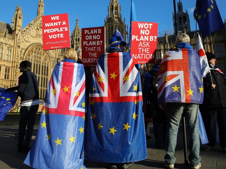 Eine Handvoll Anti-Brexit-Demonstranten steht vor dem britischen Parlament in London. Sie haben sich Flaggen umgehängt, die sowohl die britische als auch die europäische Flagge zeigen. Sie halten Plakate hoch, auf denen etwa steht: "We want a people's vote".