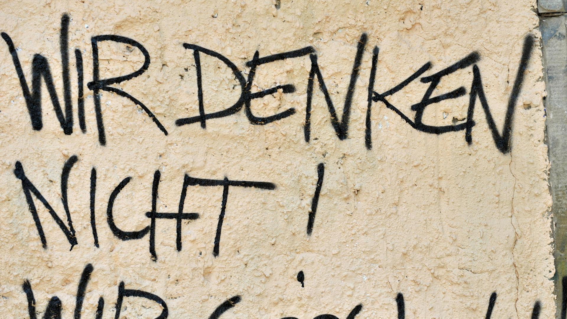 Ein Graffiti auf einer Hauswand in Weimar: "Wir denken nicht! Wir googlen!" Ein Graffiti auf einer Hauswand in Weimar: "Wir denken nicht! Wir googlen!"