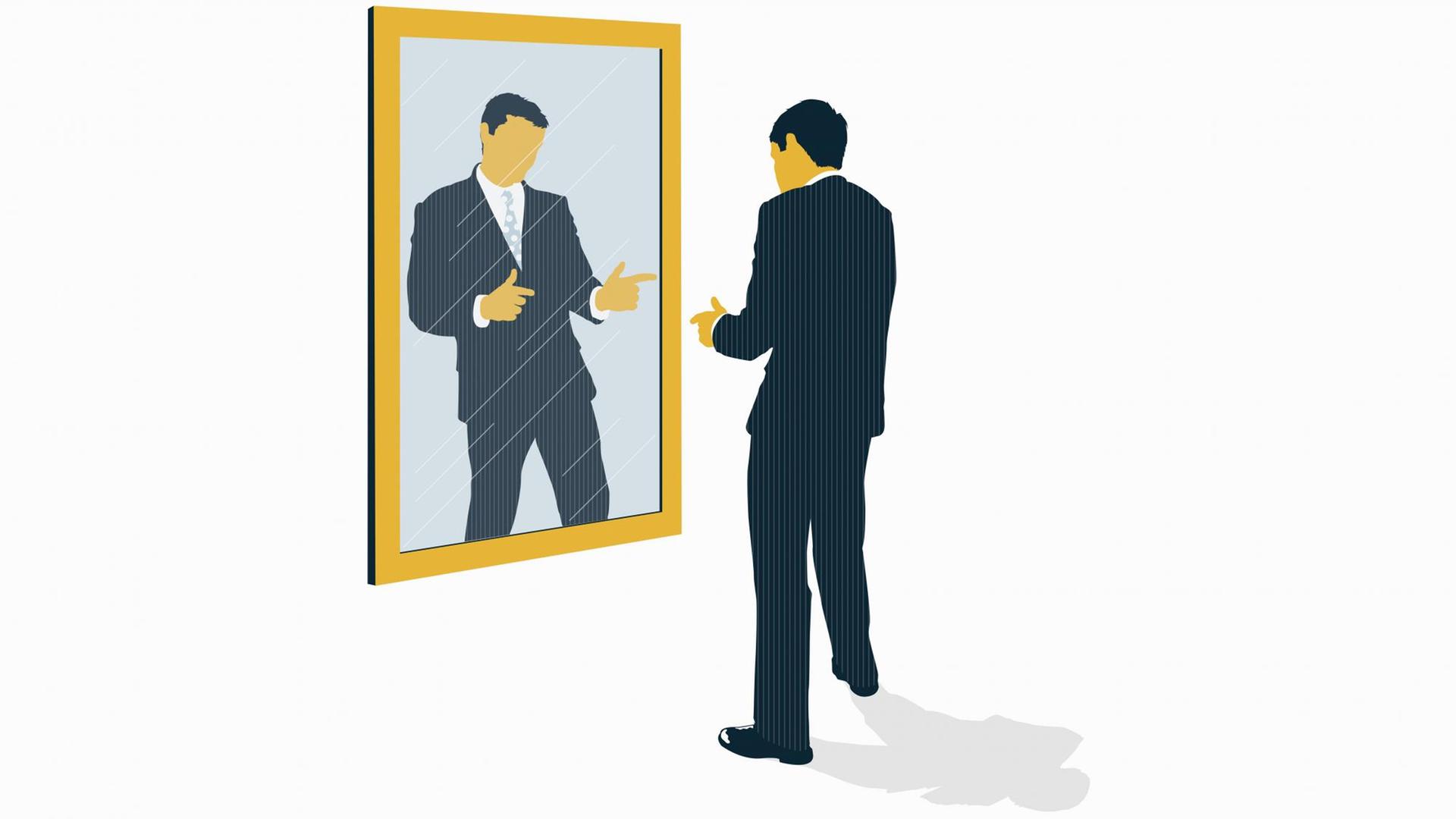 Illustration: Ein Mann macht eine Geste vor seinem Spiegelbild. Illustration: Ein Mann macht eine Geste vor seinem Spiegelbild.