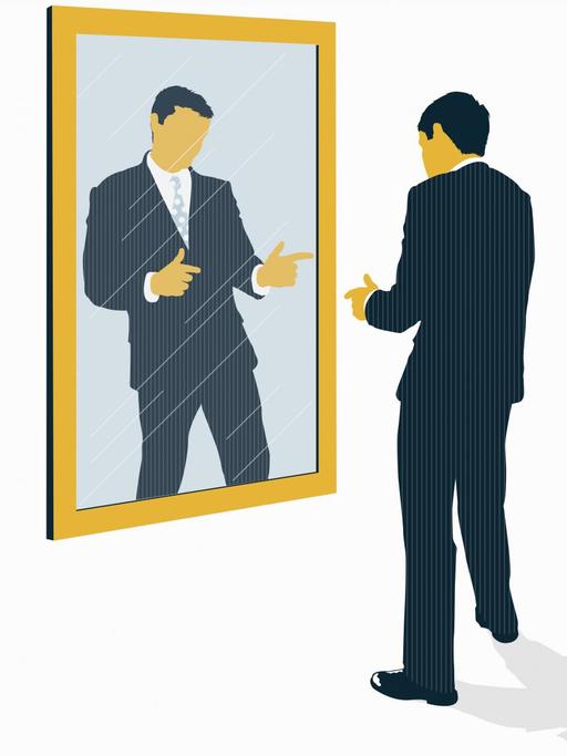Illustration: Ein Mann macht eine Geste vor seinem Spiegelbild.
