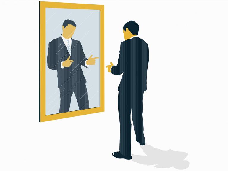 Illustration: Ein Mann macht eine Geste vor seinem Spiegelbild.