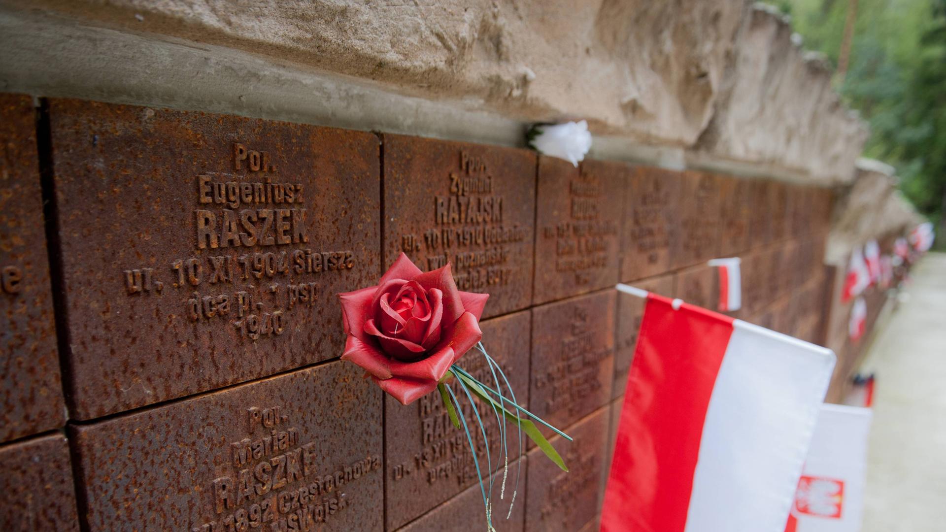 Gedenkstätte für die Opfer des Massenmords von Katyn. Eine polnische Flagge und eine rote Rose stecken an einer Mauer mit eingravierten Namen. Gedenkstätte für die Opfer des Massenmords von Katyn. Eine polnische Flagge und eine rote Rose stecken an einer Mauer mit eingravierten Namen.