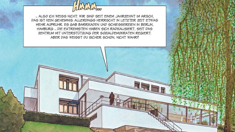 Szene aus "Mies van der Rohe – ein visionärer Architekt" von Agustín Ferrer Casas: Mies van der Rohe hält eine Zigrarre in der Hand und wird nach der politischen Situation in Deutschland gefragt
