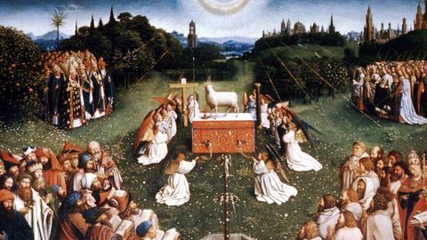Der Mittelaltar im Genter Altar von Hubert und Jan van Eyck zeigt die "Anbetung des Lammes" als Symbol für das Paradies in einer Frühlingslandschaft. Das Gemälde entstand um 1432.