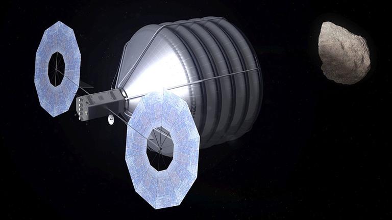 Eine diskutierte Möglichkeit zur Asteroidenabwehr ist der Beschuss mit einem zuvor eingefangenen kleineren Himmelskörper Eine diskutierte Möglichkeit zur Asteroidenabwehr ist der Beschuss mit einem zuvor eingefangenen kleineren Himmelskörper