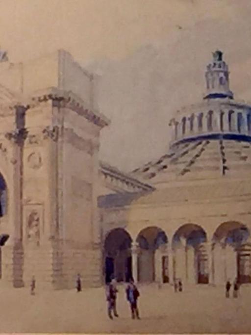 Eines von zwei Aquarellen, von Adolf Hitler gemalt, wird am 07.10.2015 in der Daphineh Galerie in Teheran (Iran) ausgestellt. Nach Angaben der Galeristin wurden die Bilder Anfang des 20. Jahrhunderts in Wien angefertigt. Damals fristete der spätere Diktator sein Dasein dort als Kunstmaler.