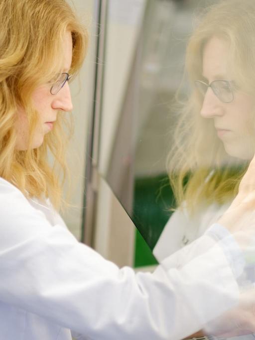 Eine Wissenschaftlerin untersucht im Labor die optische Dichte einer Bakterienkultur