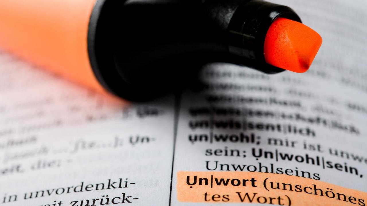 Ein oranger Text-Marker liegt auf einem aufgeschlagenen Wörter-Buch. Darin ist der Begriff "Unwort" markiert. 