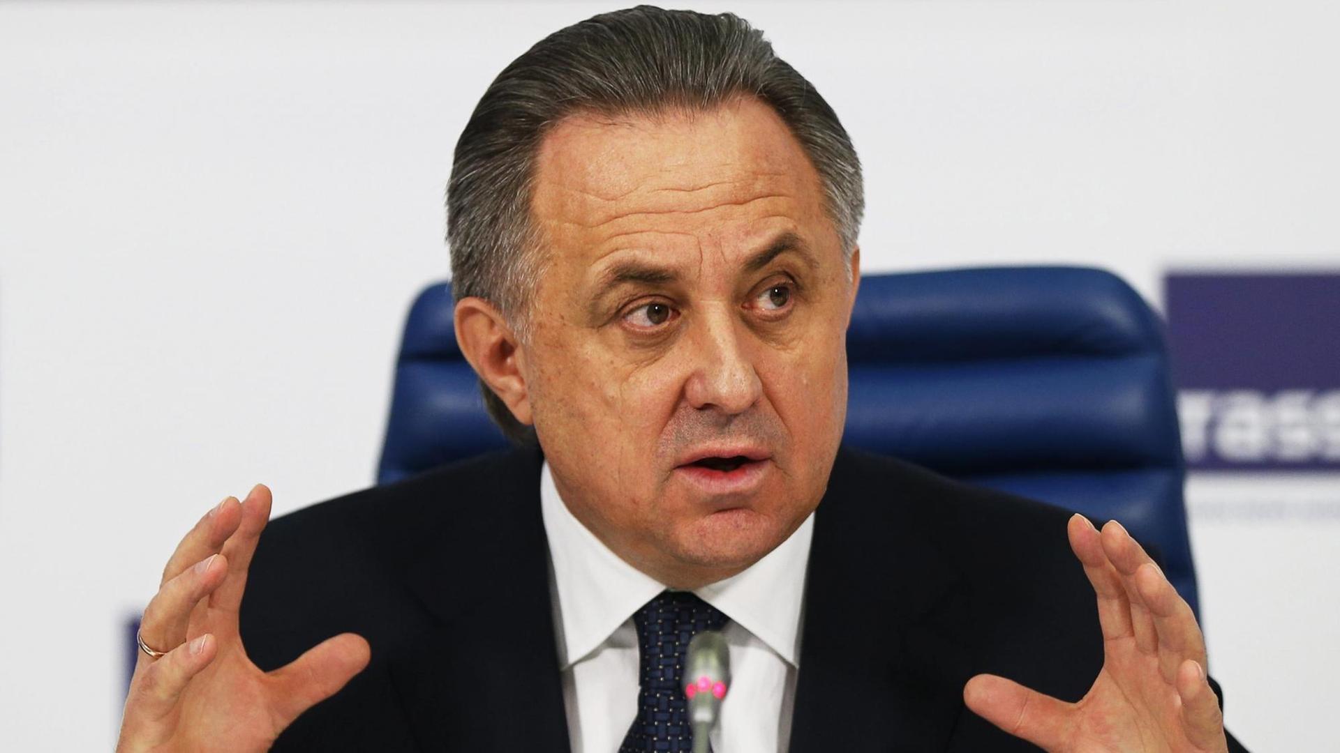 Russlands Sport-Minister Vitaly Mutko am 25.12.2015 bei seiner Pressekonferenz zum Ende des Jahres in Moskau. Russlands Sport-Minister Vitaly Mutko am 25.12.2015 bei seiner Pressekonferenz zum Ende des Jahres in Moskau.