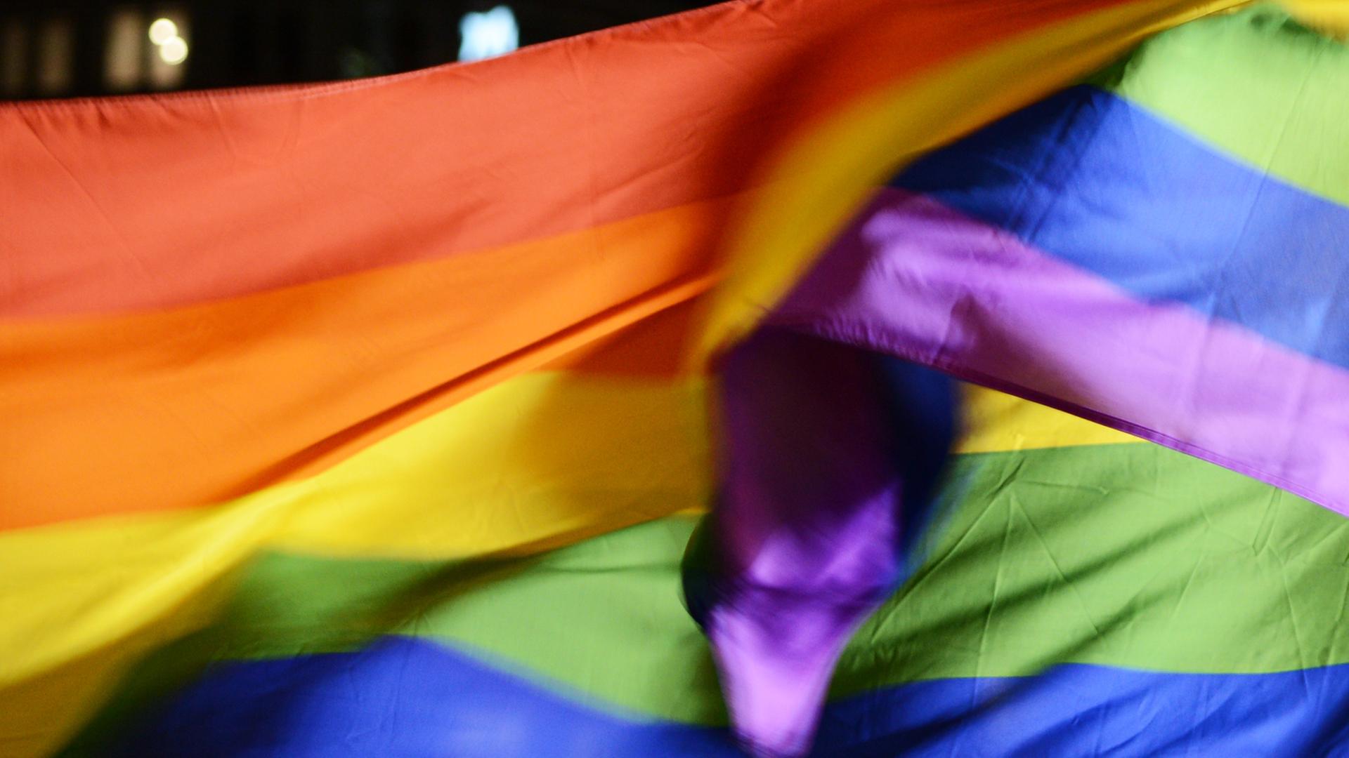 Wehende Regenbogenflaggen auf einer Demonstration.