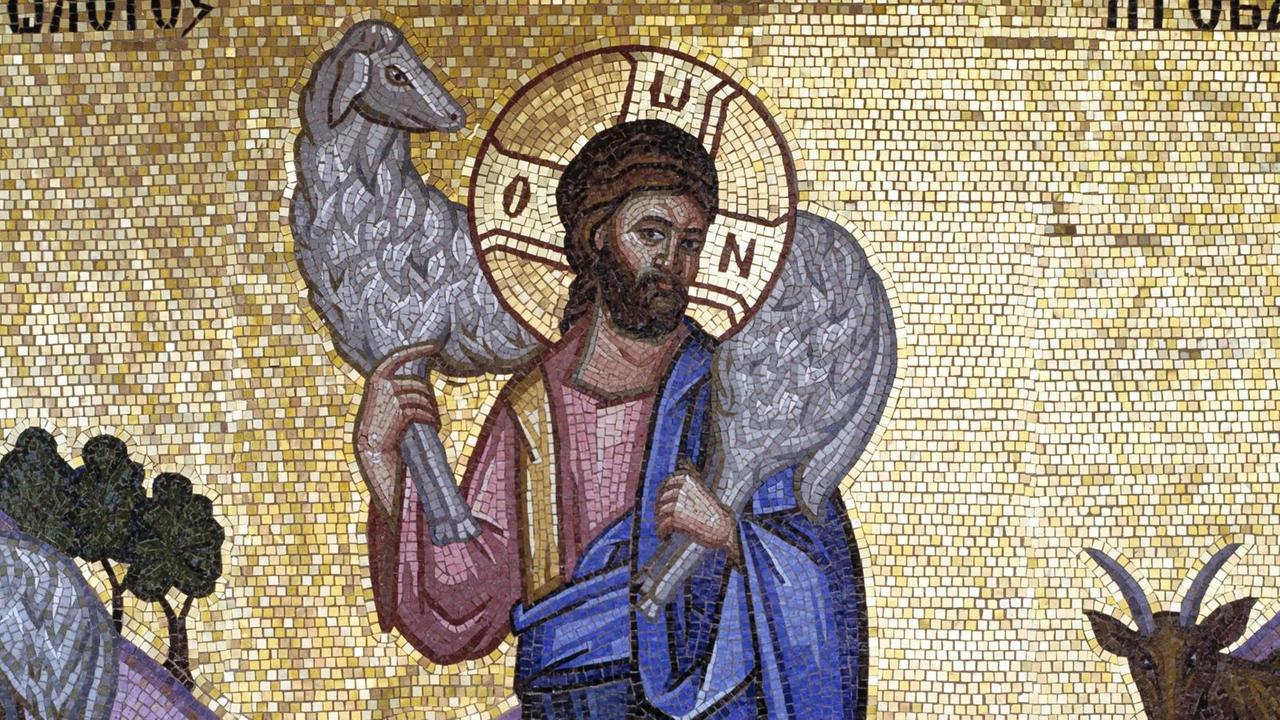 Das Mosaik im Kloster Kykkos auf Zypern zeigt Jesus als "guten Hirten" mit einem Lamm auf den Schultern Das Mosaik im Kloster Kykkos auf Zypern zeigt Jesus als "guten Hirten" mit einem Lamm auf den Schultern