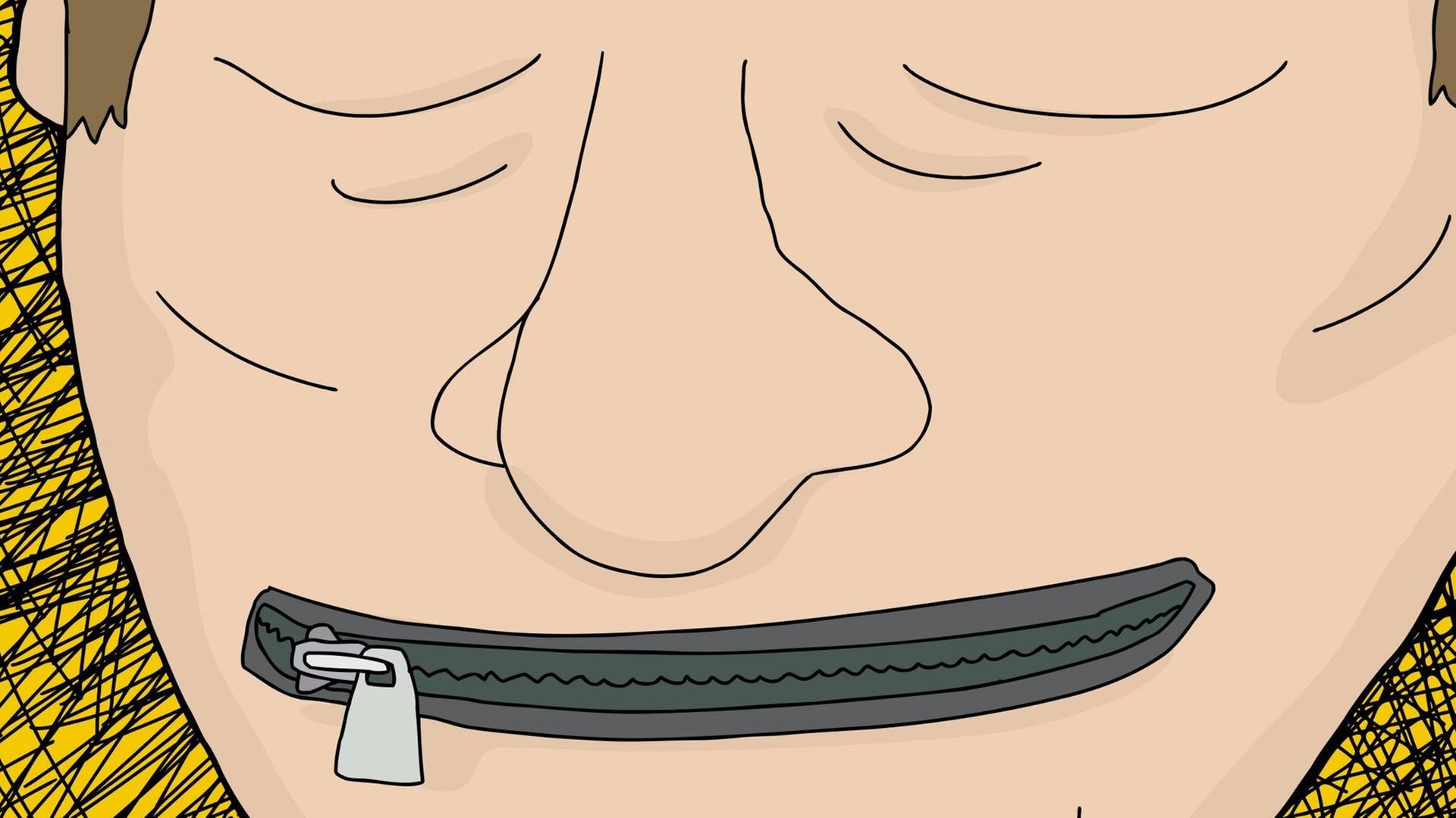 Illustration einer Person mit einem geschlossenen Reißverschluss anstelle des Mundes. Illustration einer Person mit einem geschlossenen Reißverschluss anstelle des Mundes.