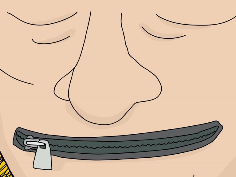 Illustration einer Person mit einem geschlossenen Reißverschluss anstelle des Mundes.