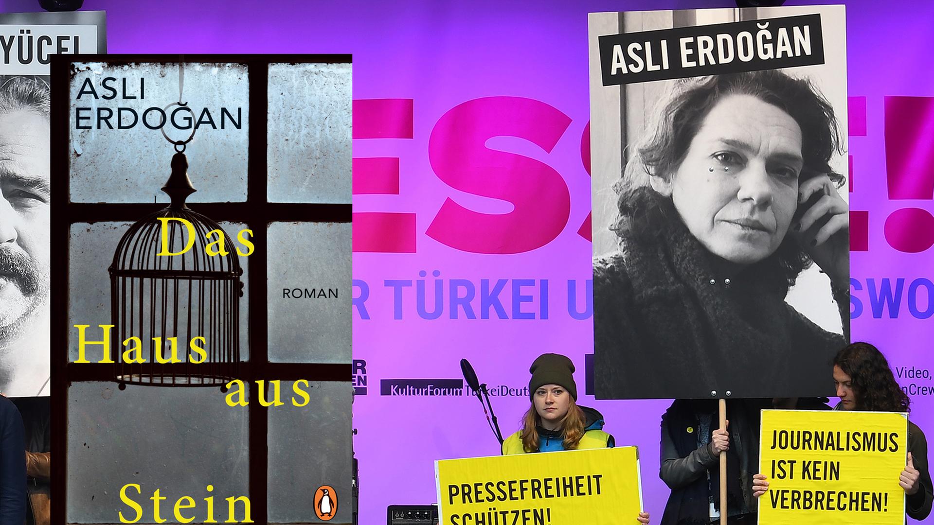Buchcover "Das Haus aus Stein" von Asli Erdogan. Im Hintergrund ein Bild von einer Solidaritätsveranstaltung zur Freilassung von Asli Erdogan aus dem Jahr 2017. Buchcover "Das Haus aus Stein" von Asli Erdogan. Im Hintergrund ein Bild von einer Solidaritätsveranstaltung zur Freilassung von Asli Erdogan aus dem Jahr 2017.