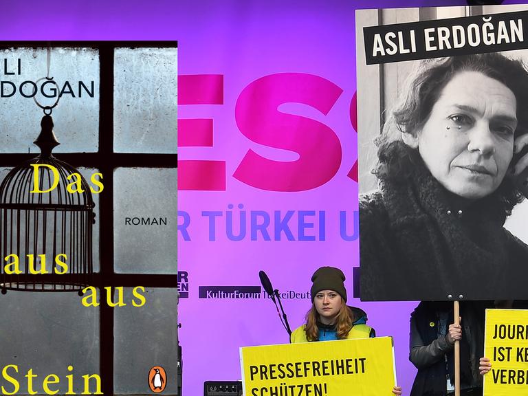 Buchcover "Das Haus aus Stein" von Asli Erdogan. Im Hintergrund ein Bild von einer Solidaritätsveranstaltung zur Freilassung von Asli Erdogan aus dem Jahr 2017.