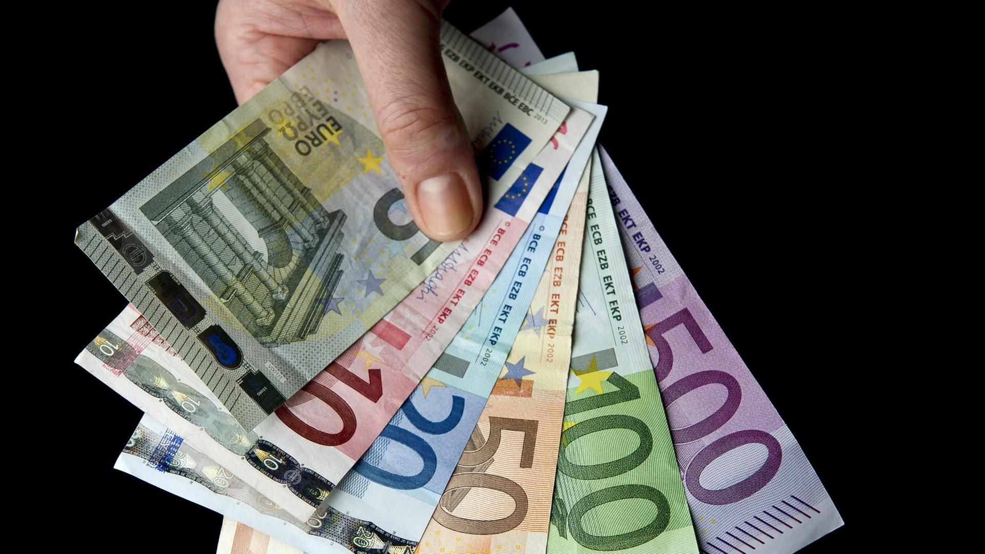Eine Hand hält zahlreiche Euro-Banknoten, aufgenommen am 03.01.2014 in Frankfurt am Main (Hessen). Eine Hand hält zahlreiche Euro-Banknoten, aufgenommen am 03.01.2014 in Frankfurt am Main (Hessen).