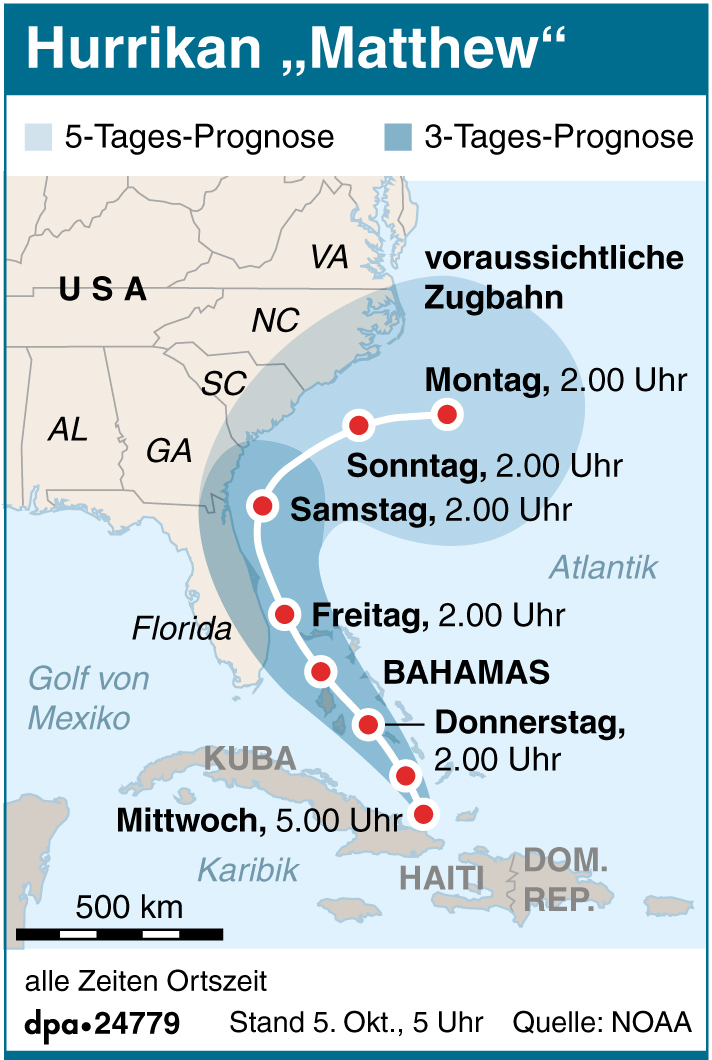Eine Grafik auf einer Landkarte zeigt den voraussichtlichen Verlauf von Hurrikan "Matthew"