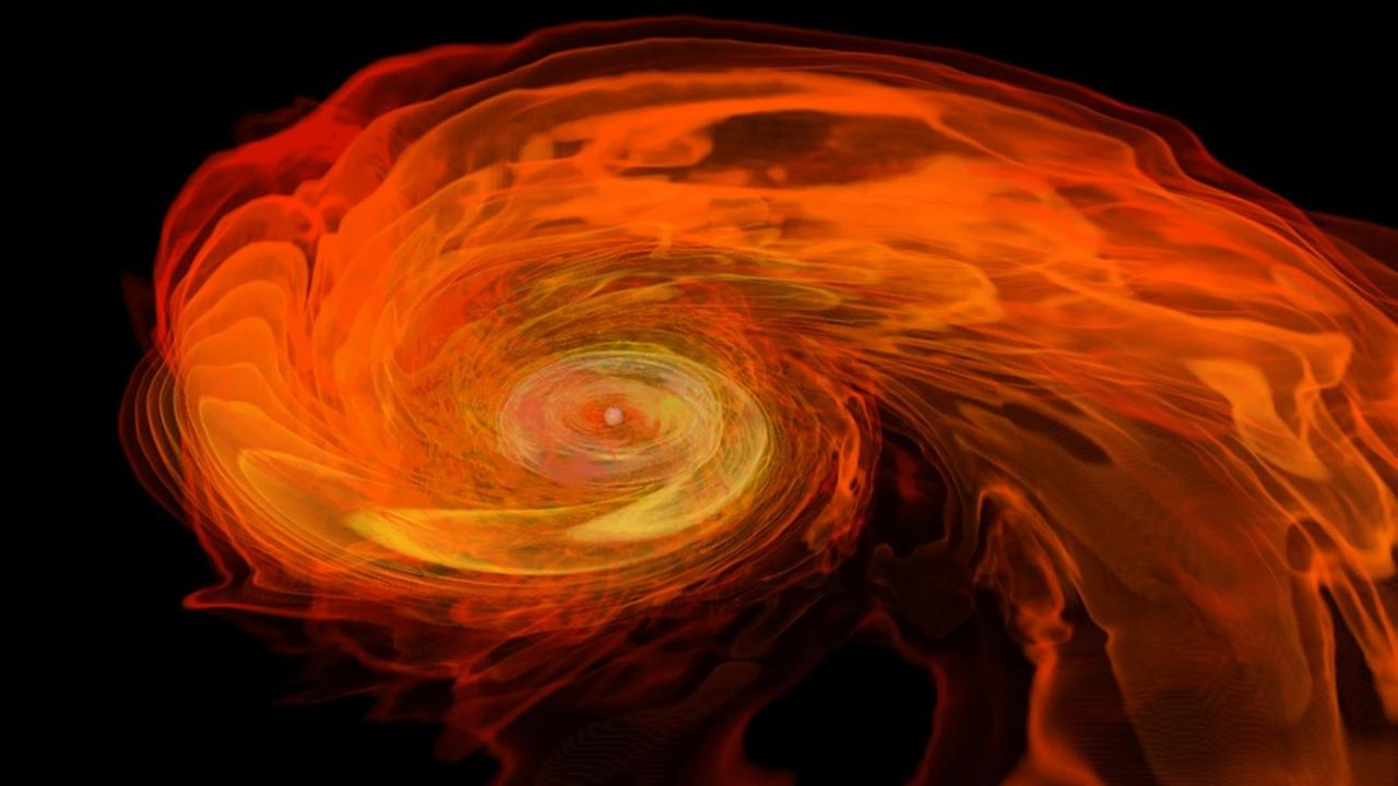 Visualisierung der Gravitationswellen, die beim Verschmelzen zweier Neutronensterne entstehen Visualisierung der Gravitationswellen, die beim Verschmelzen zweier Neutronensterne entstehen