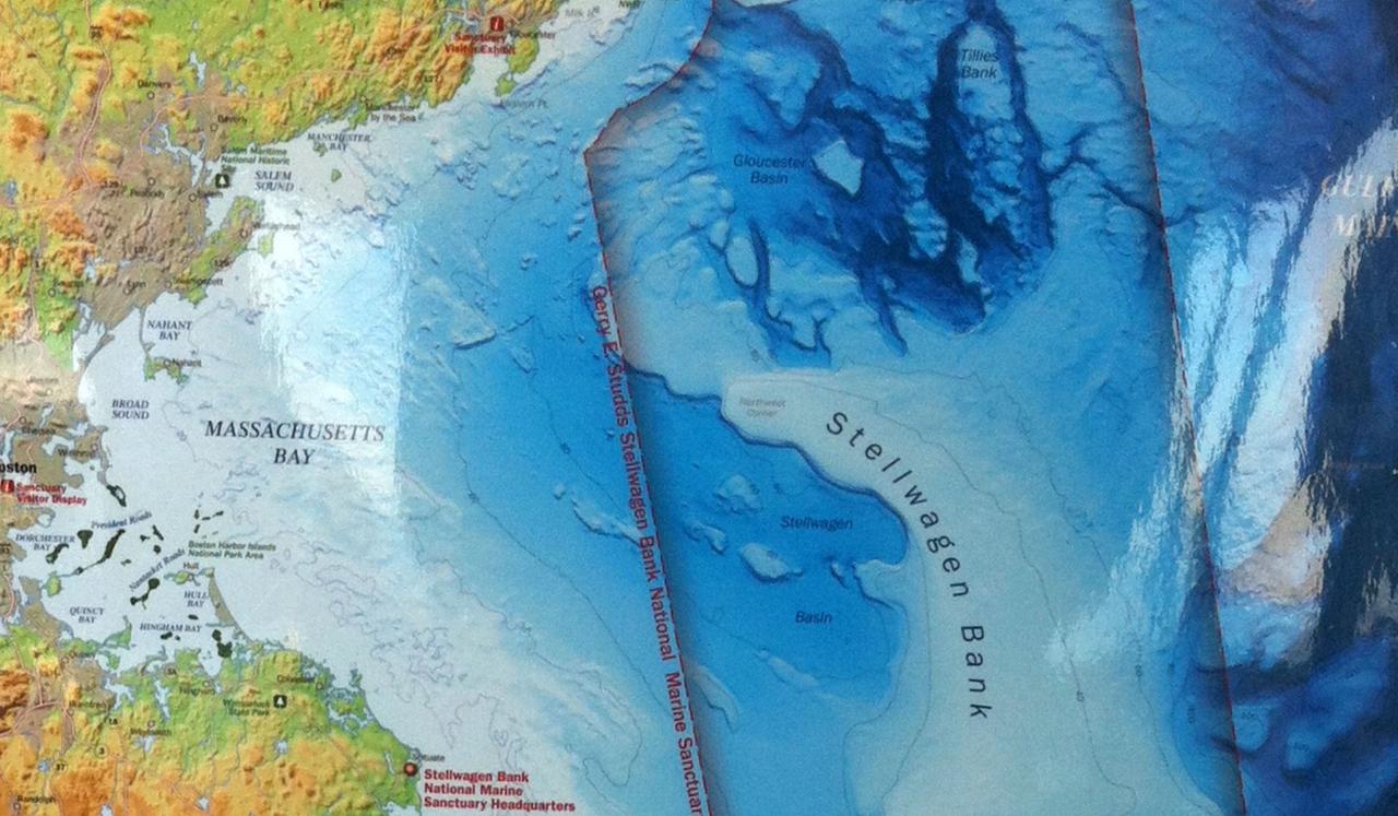 Landkarte der Massachusetts-Bucht vor Neuengland, wo in den Sommermonaten Buckelwale zu beobachten sind. 