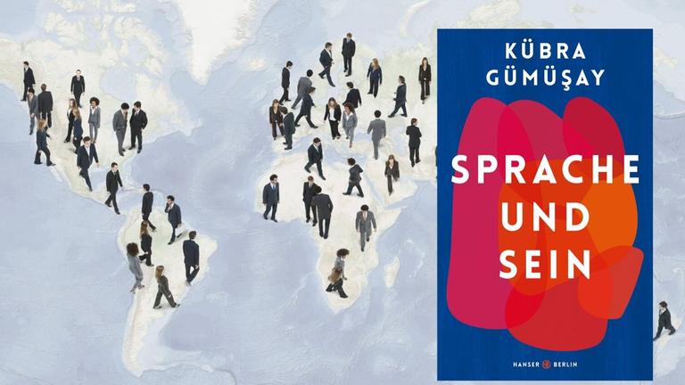 Cover-Collage: Rechts das Cover "Sprache und Sein", Hanser Verlag. Im Hintergrund Menschen, die auf einer Weltkarte verteilt laufen. Cover-Collage: Rechts das Cover "Sprache und Sein", Hanser Verlag. Im Hintergrund Menschen, die auf einer Weltkarte verteilt laufen.