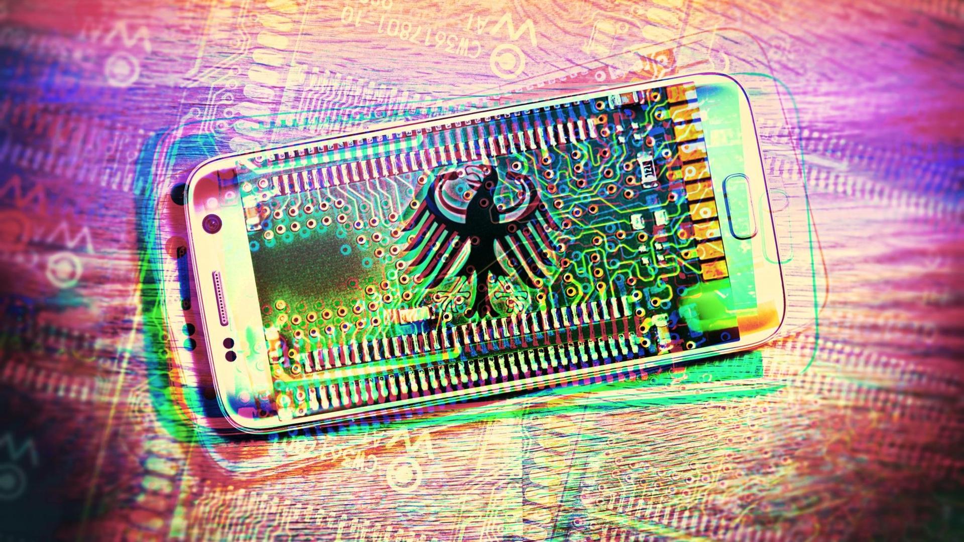 Ein stilisiertes Smartphone mit dem Bundesadler drauf – ein symbolisches Foto für den Staatstrojaner. Ein stilisiertes Smartphone mit dem Bundesadler drauf – ein symbolisches Foto für den Staatstrojaner.