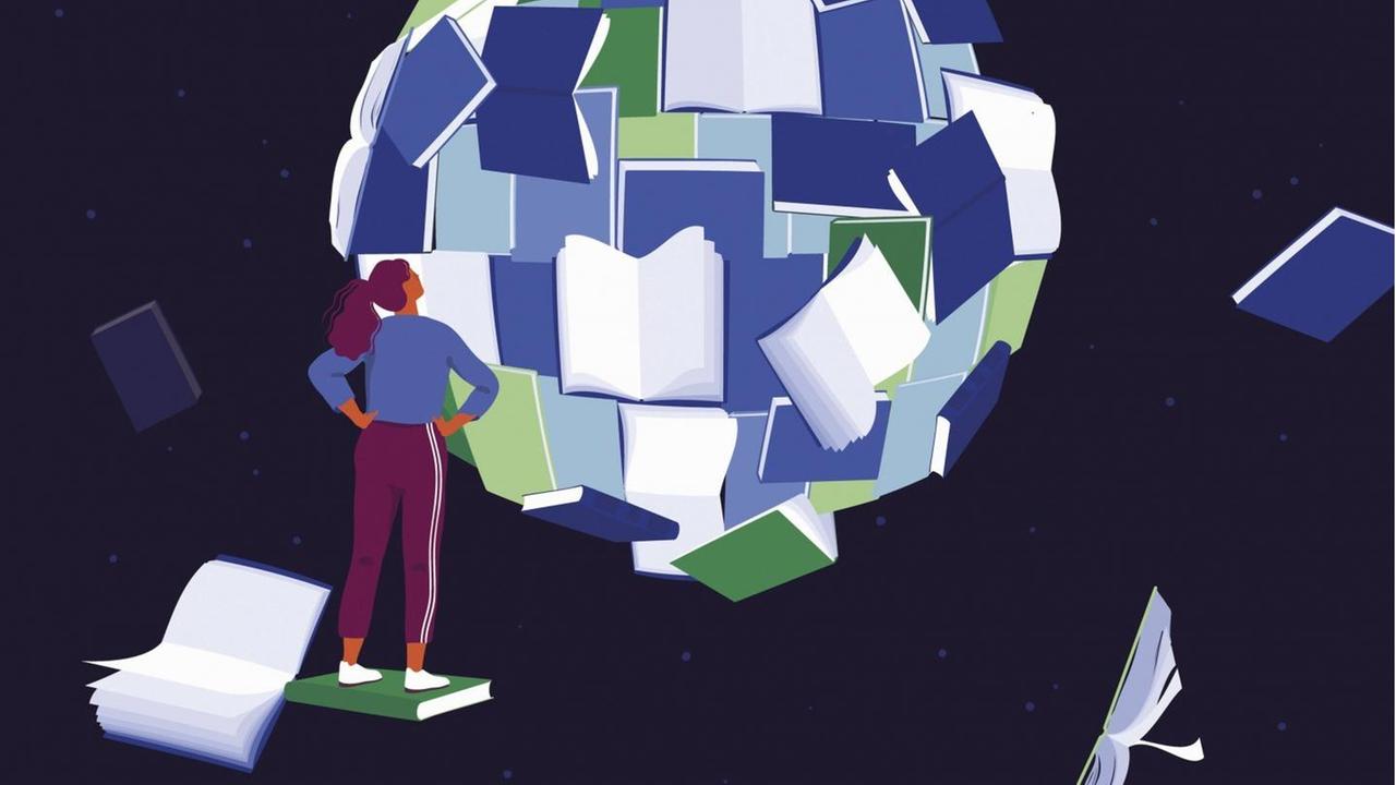 Illustration: Eine Frau im Weltall betrachtet die Welt aus Büchern. Illustration: Eine Frau im Weltall betrachtet die Welt aus Büchern.