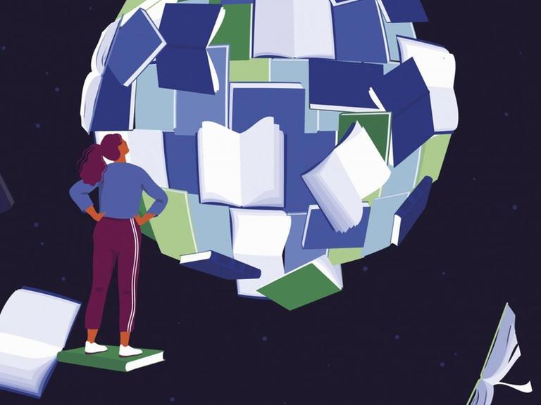 Illustration: Eine Frau im Weltall betrachtet die Welt aus Büchern.
