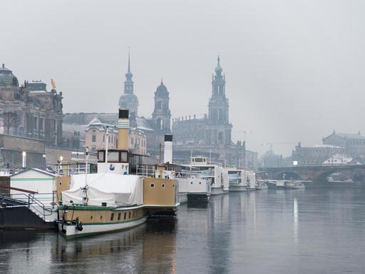 Elbufer bei Dresden: Schiffe der Sächsischen Dampfschiffahrt liegen am Terrassenufer in Dresden (Sachsen). Foto: Arno Burgi/ZB