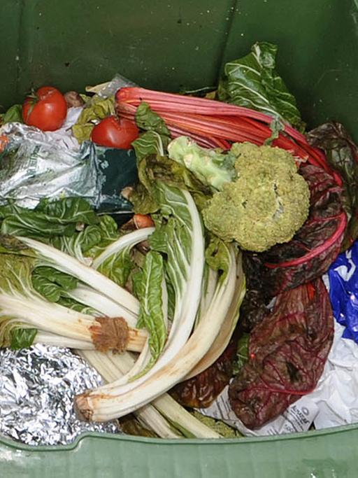 Blick in eine Biotonne, in der neben Obst und Gemüse auch Plastikabfälle zu sehen sind.