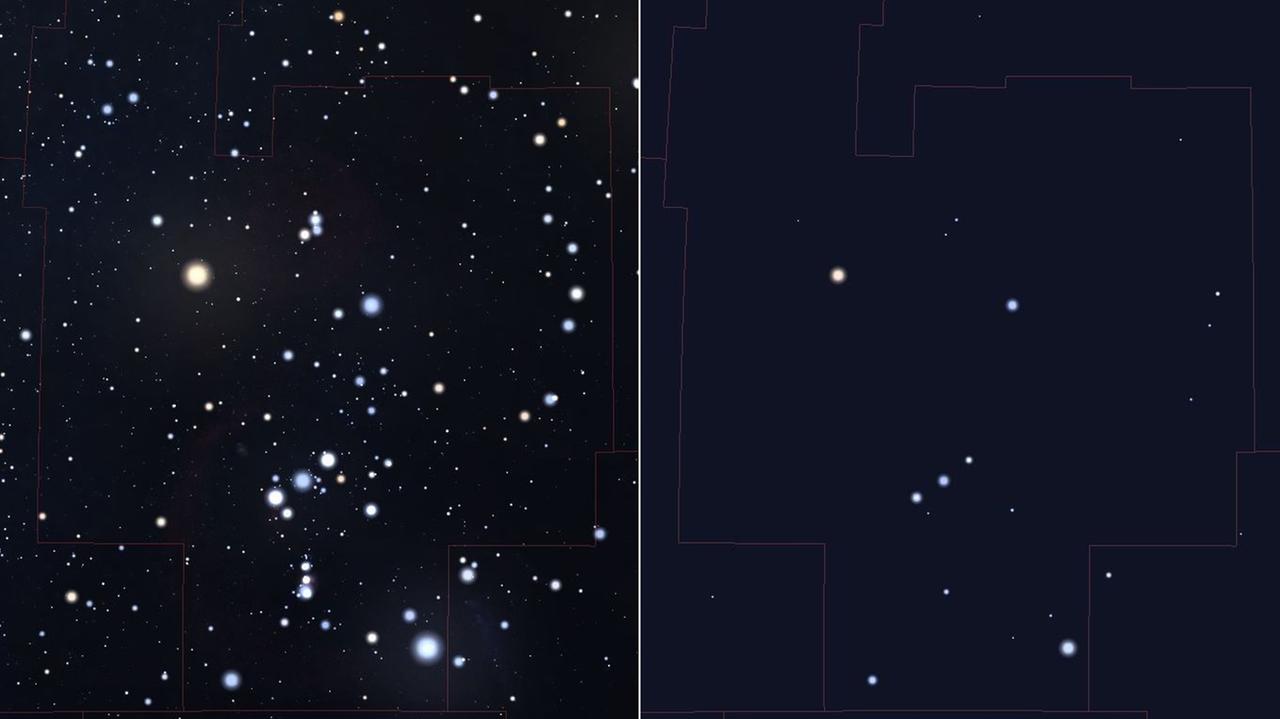 Vergleich zwischen den Anblicken des Sternbilds Orion im (dunklen) Hochgebirge (links) und aus einer lichtverschmutzten Großstadt (rechts) Vergleich zwischen den Anblicken des Sternbilds Orion im (dunklen) Hochgebirge (links) und aus einer lichtverschmutzten Großstadt (rechts)