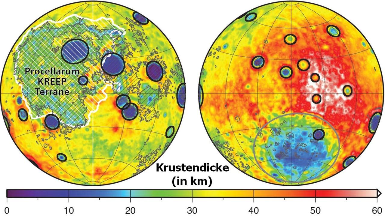 Die Mondkruste ist auf der Vorderseite (links) deutlich dünner als auf der Rückseite des Mondes. Die Mondkruste ist auf der Vorderseite (links) deutlich dünner als auf der Rückseite des Mondes.